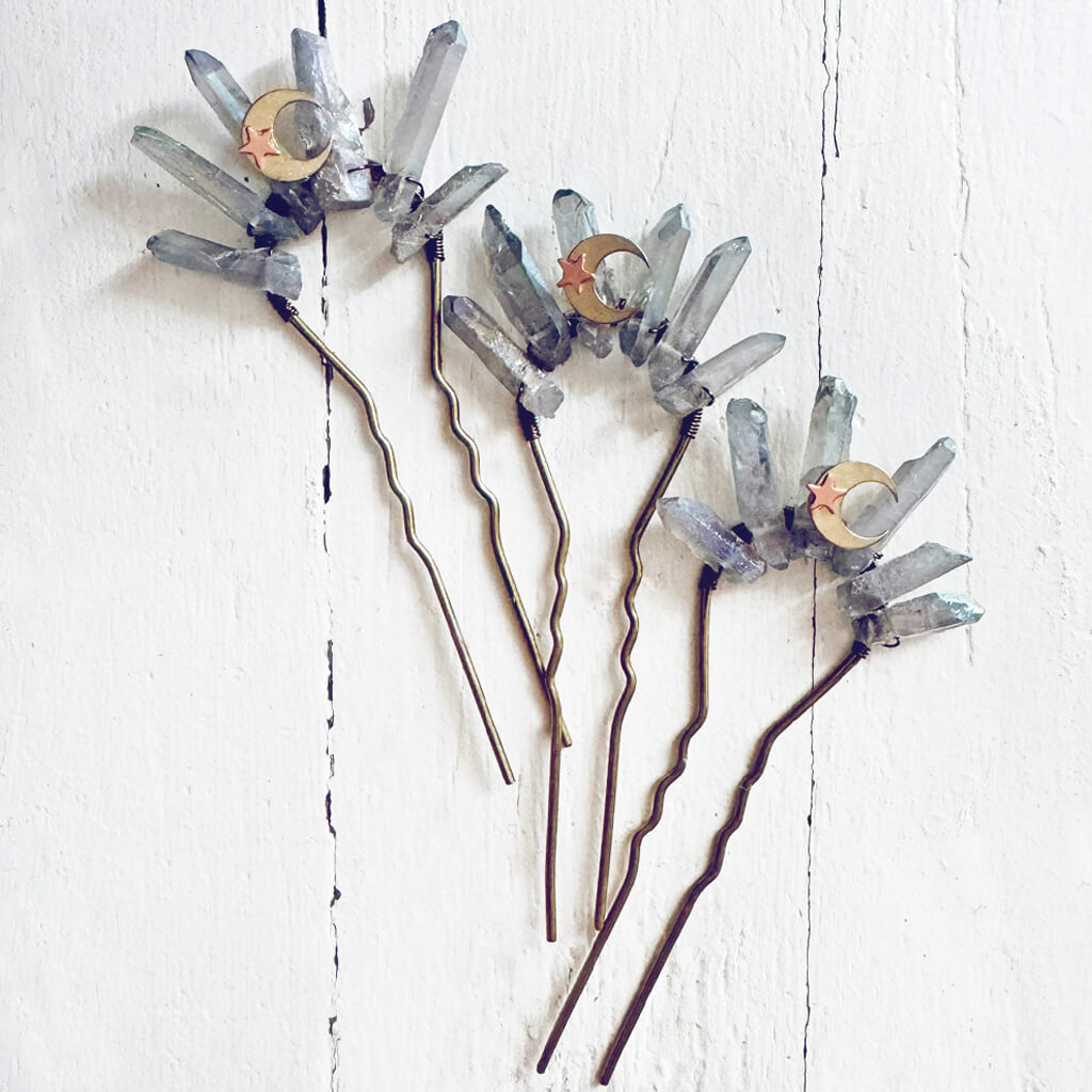aura // quartz crystal antique brass hair fork stick pin