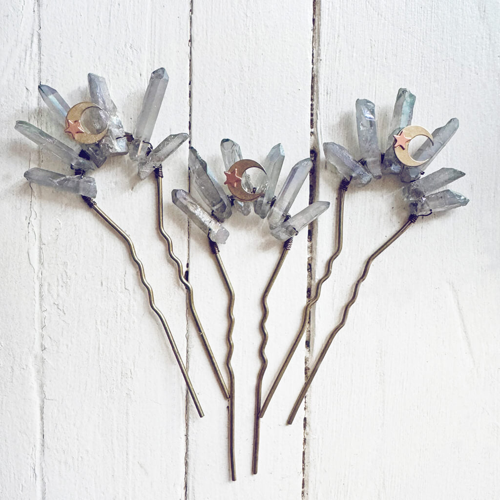 aura // quartz crystal antique brass hair fork stick pin