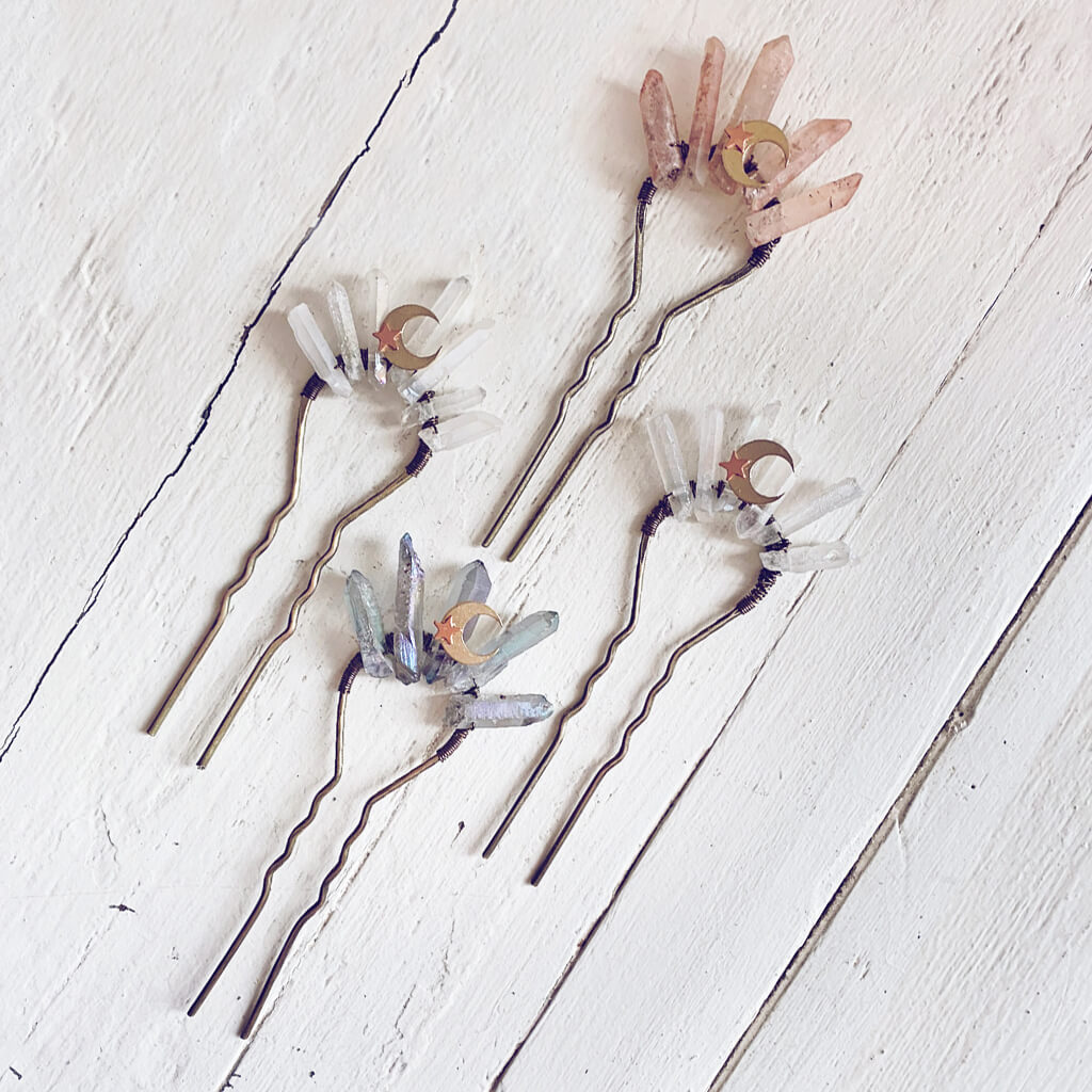 aura // quartz crystal antique brass hair fork stick pin