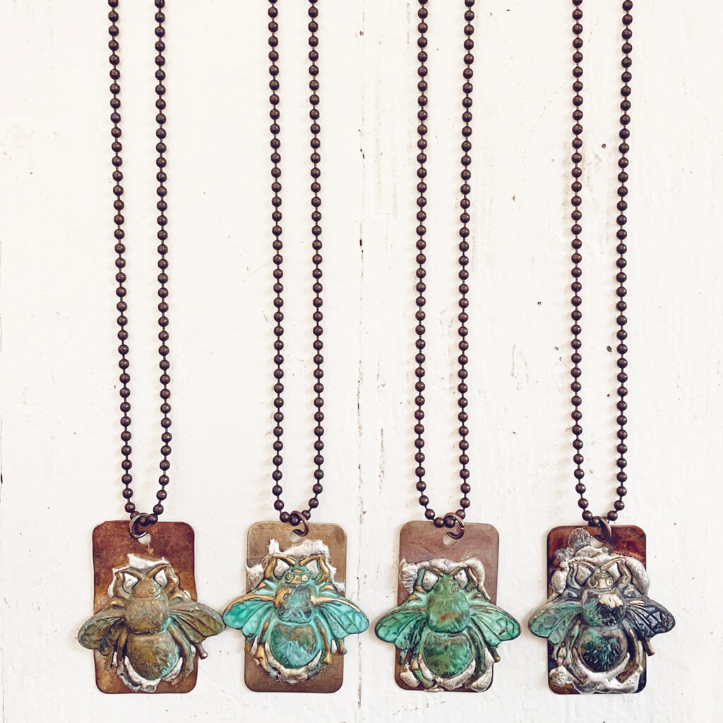 beeline // verdigris bee and soldered flame kissed copper dog tag pendant necklace