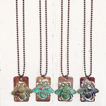 beeline // verdigris bee and soldered flame kissed copper dog tag pendant necklace