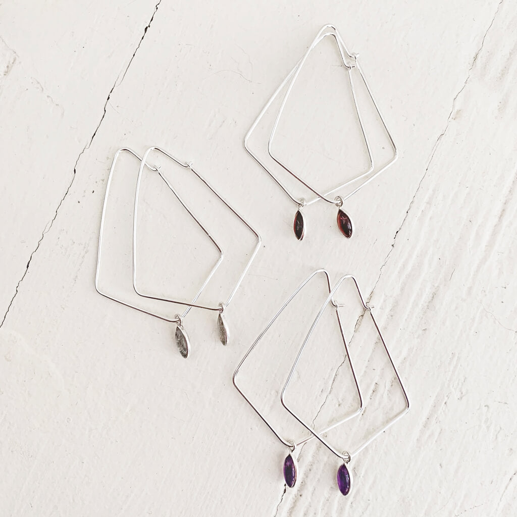 dewdrop II // sterling silver & gemstone modern teardrop hoop earrings