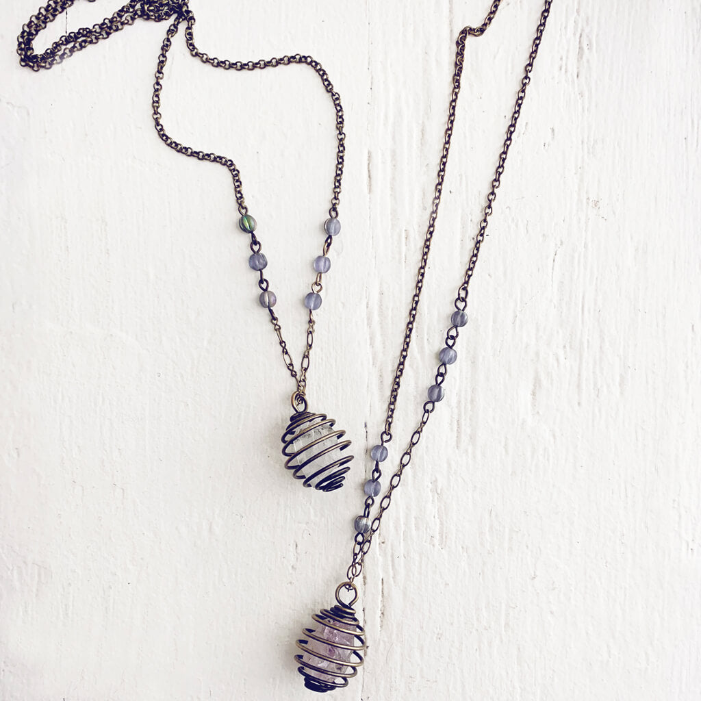 encapsulate // caged amethyst or quartz crystal gemstone necklace