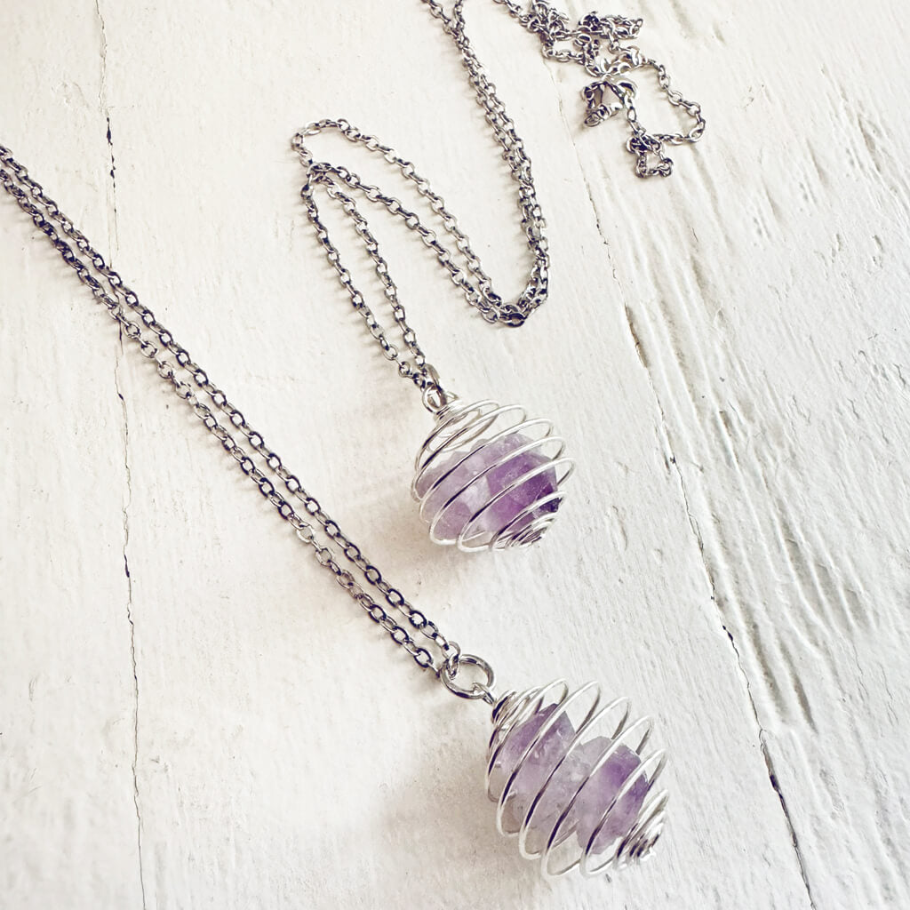 encapsulate silver // caged amethyst quartz crystal gemstone necklace