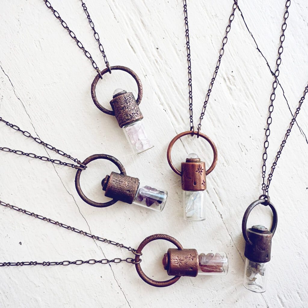 enchantment // copper electroformed crystal gemstone infused roller ball essential oil necklace