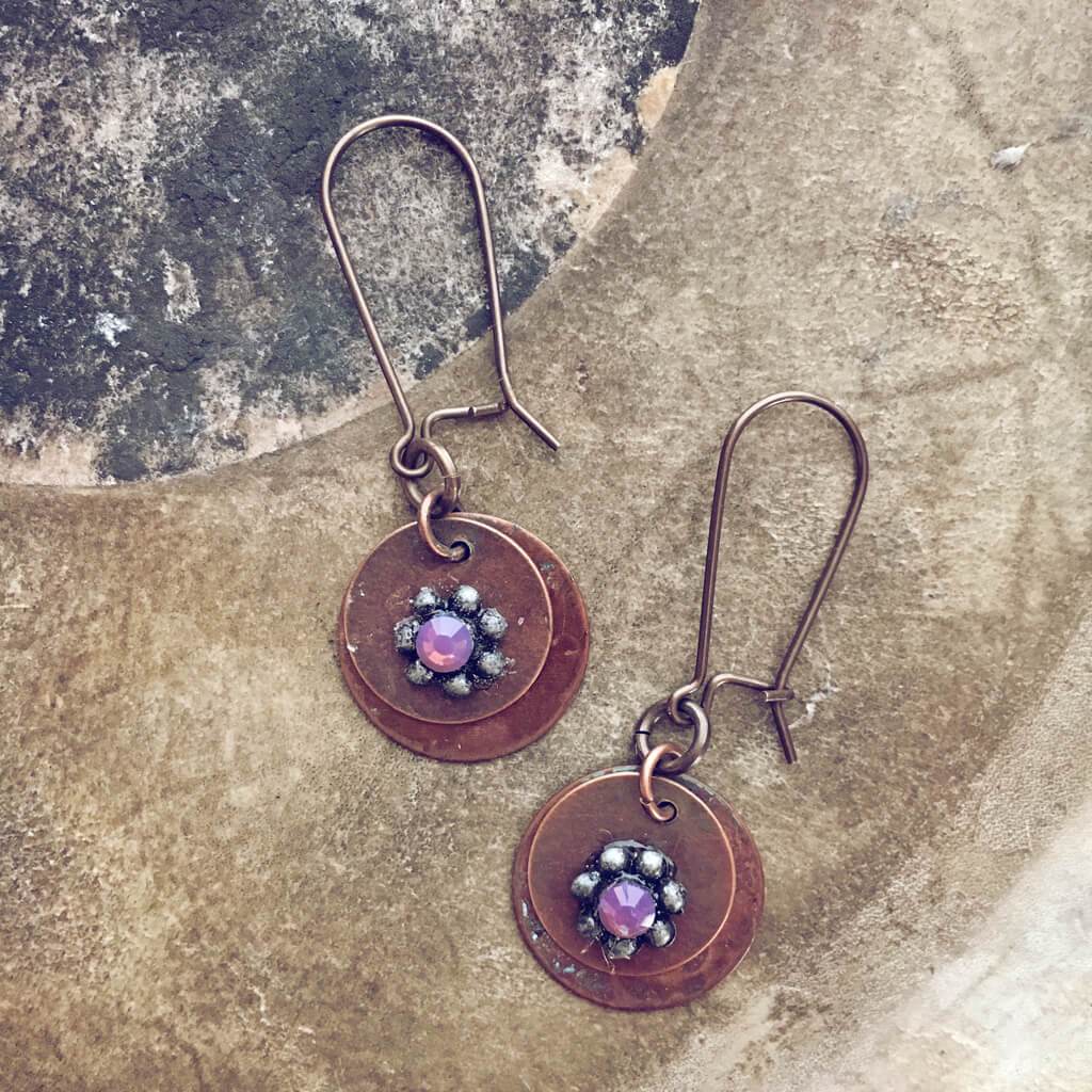 floret flame kissed copper and swarovski beaded flower earrings