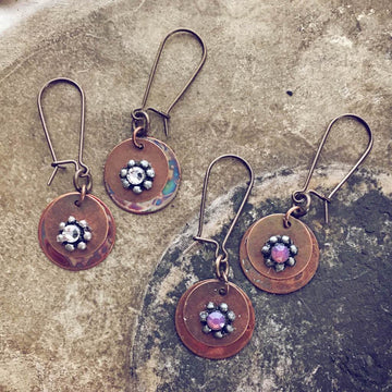 floret flame kissed copper and swarovski beaded flower earrings