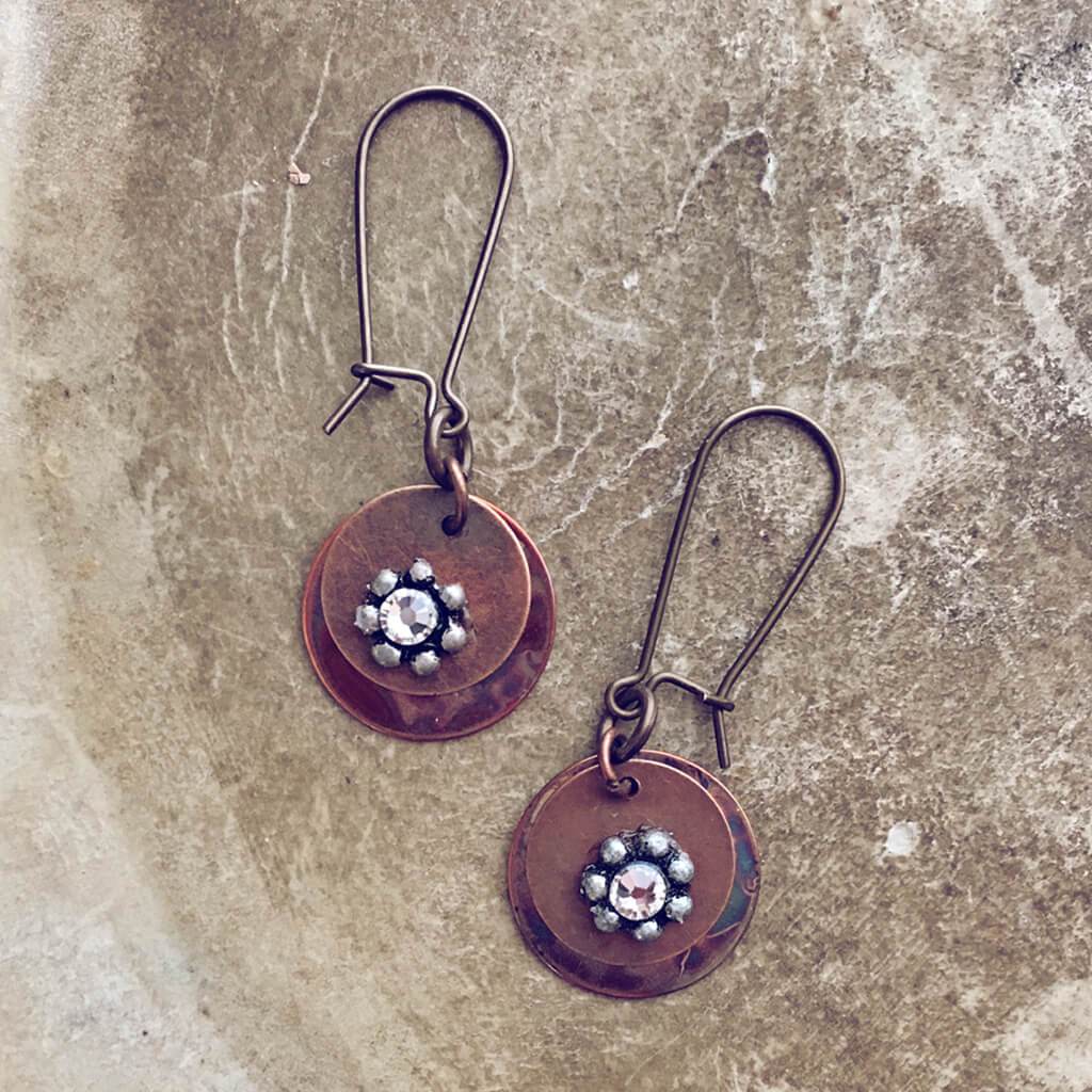 floret flame kissed copper and swarovski beaded flower earrings