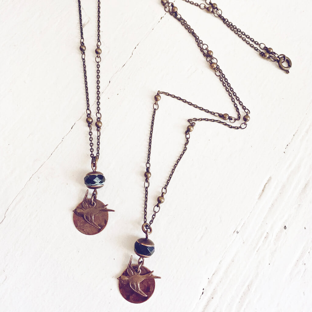 free bird  swallow and flame kissed copper moon choker necklace