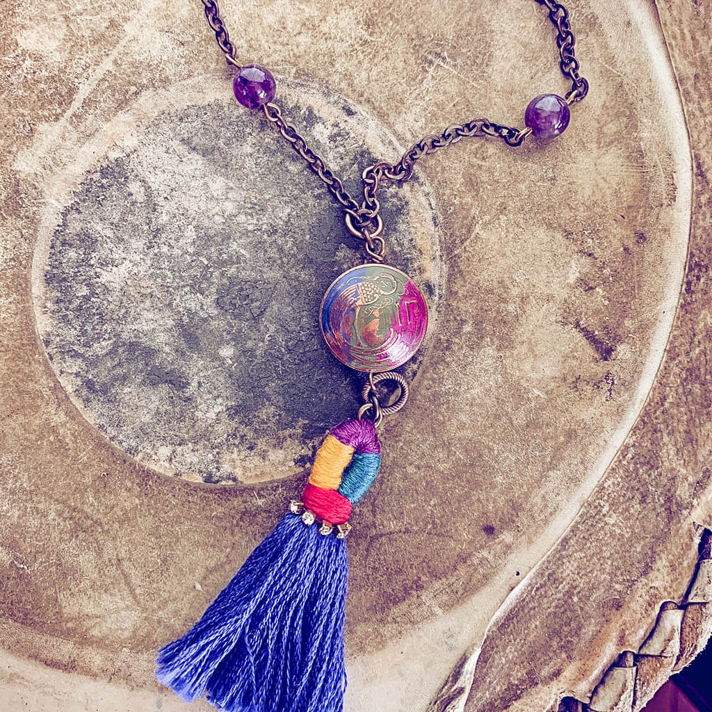 global // colourful coin and tassel boho pendant necklace