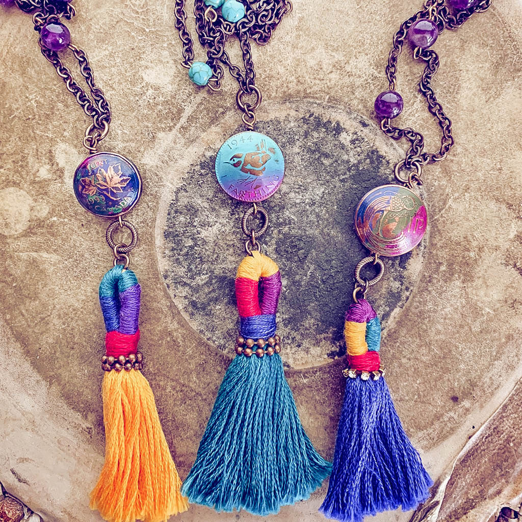 global // colourful coin and tassel boho pendant necklace