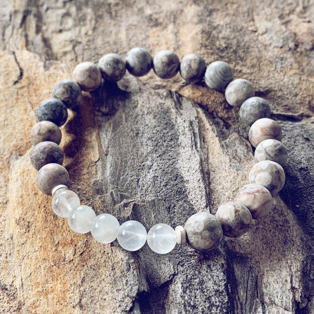 harmony moonstone // gemstone bead mala bracelet with moonstone and fossil jasper