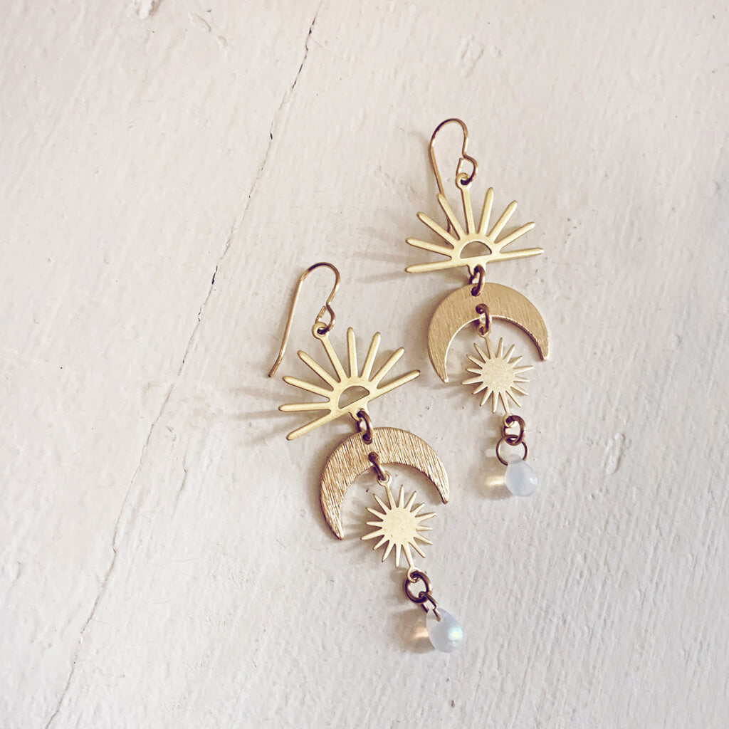 here comes the sun // sun moon and beach glass dangle earrings