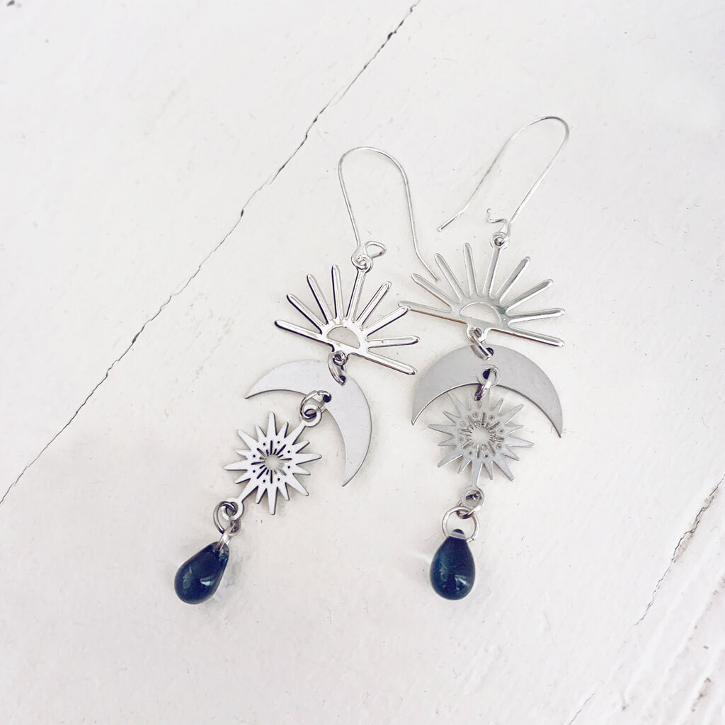 here comes the sun // sun moon and beach glass dangle earrings