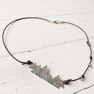 hike hand stamped mountain pewter and leather pendant necklace