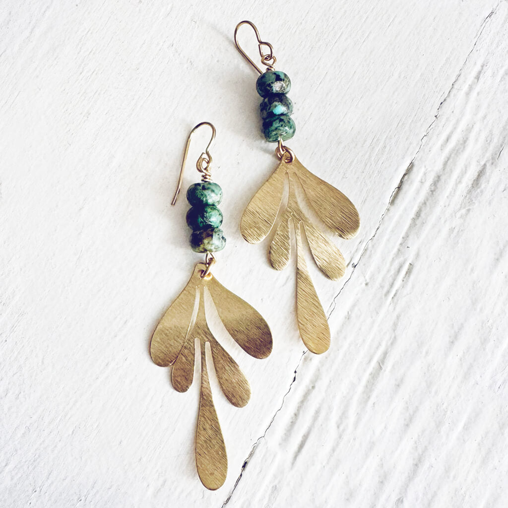 leaf // african turquoise and brass leaf earrings