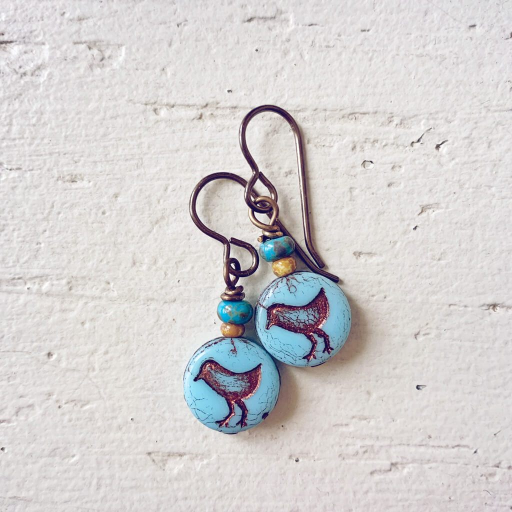 little bird blue // czech glass coin drop earrings, choice of colour