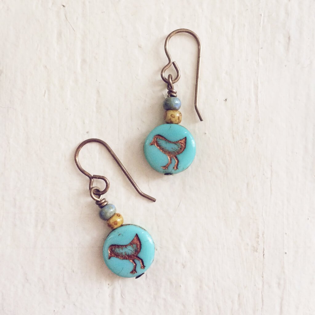 little bird blue // czech glass coin drop earrings, choice of colour
