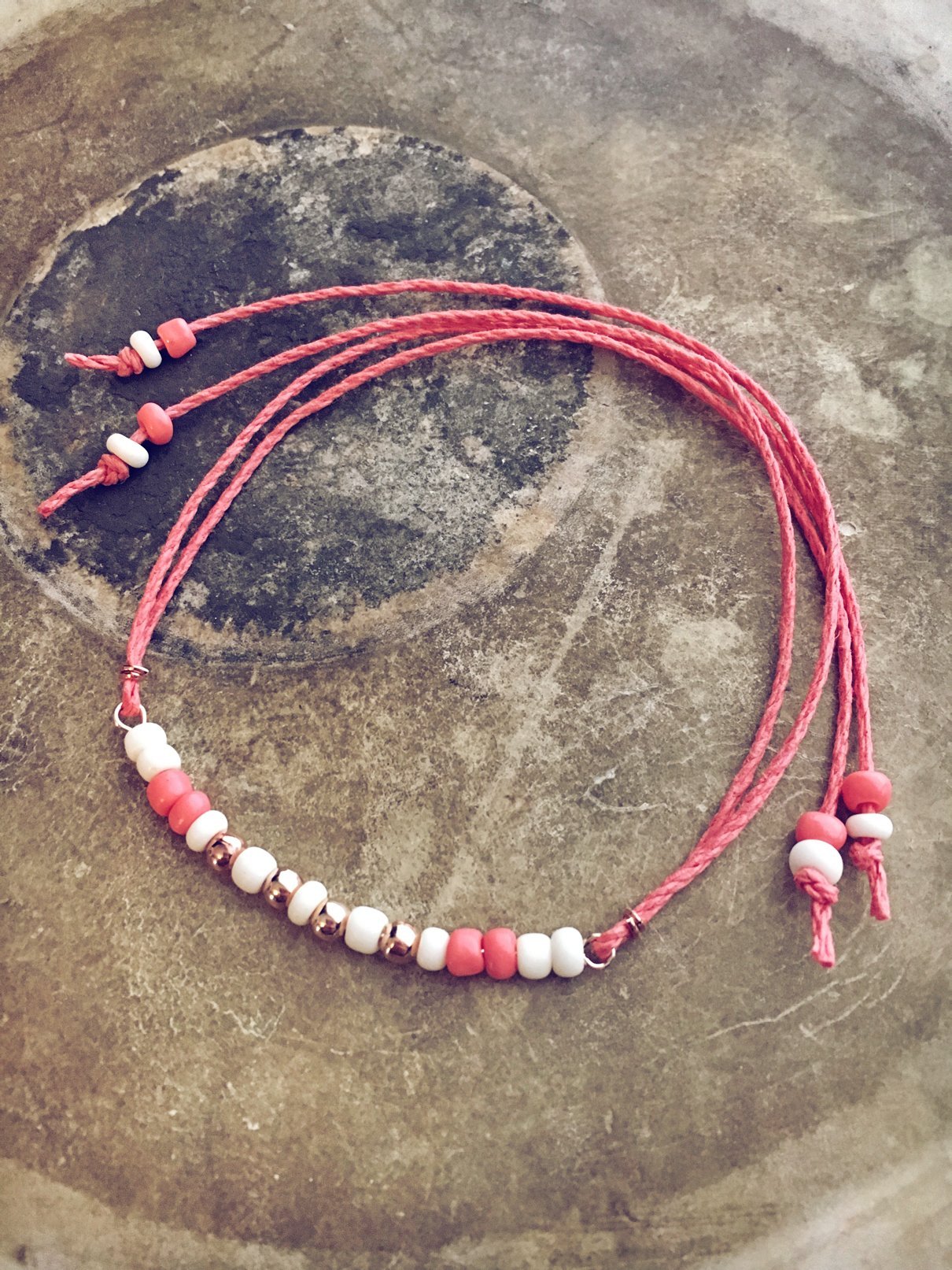 coral coral off white and rose gold beaded bar hemp tie wrap bracelet