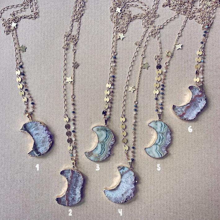 luna // gold electroplated crescent moon amethyst slice bohemian necklace