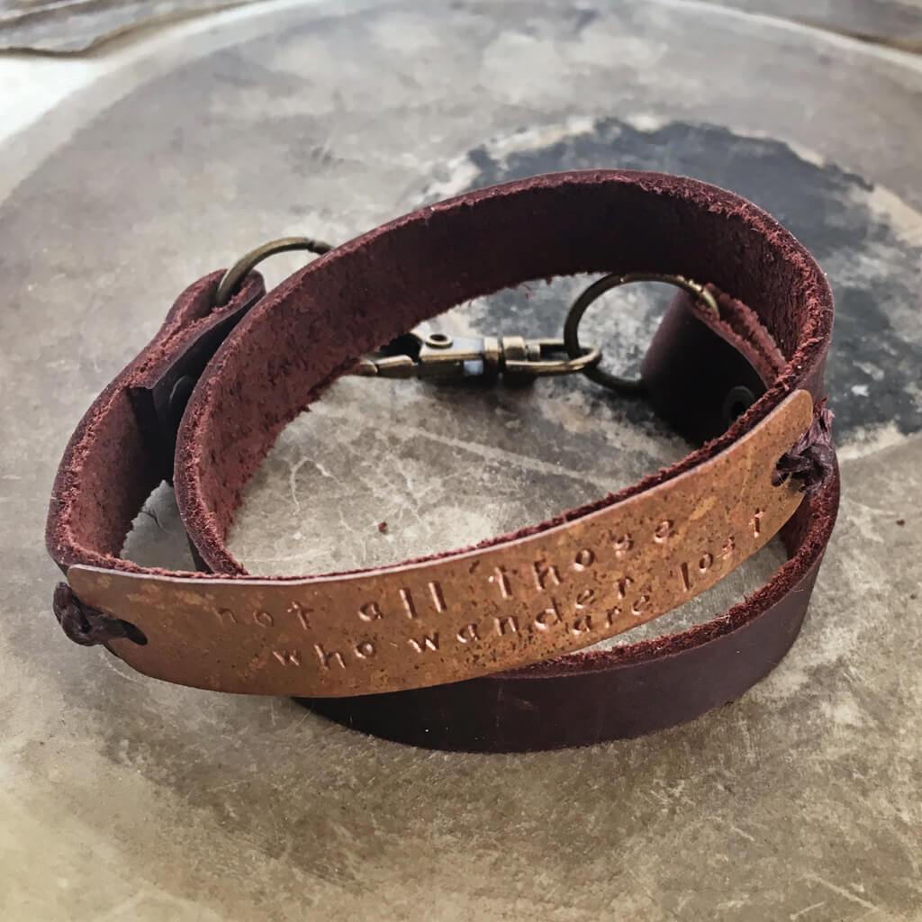 not all those who wander are lost // leather and copper double wrap bracelet