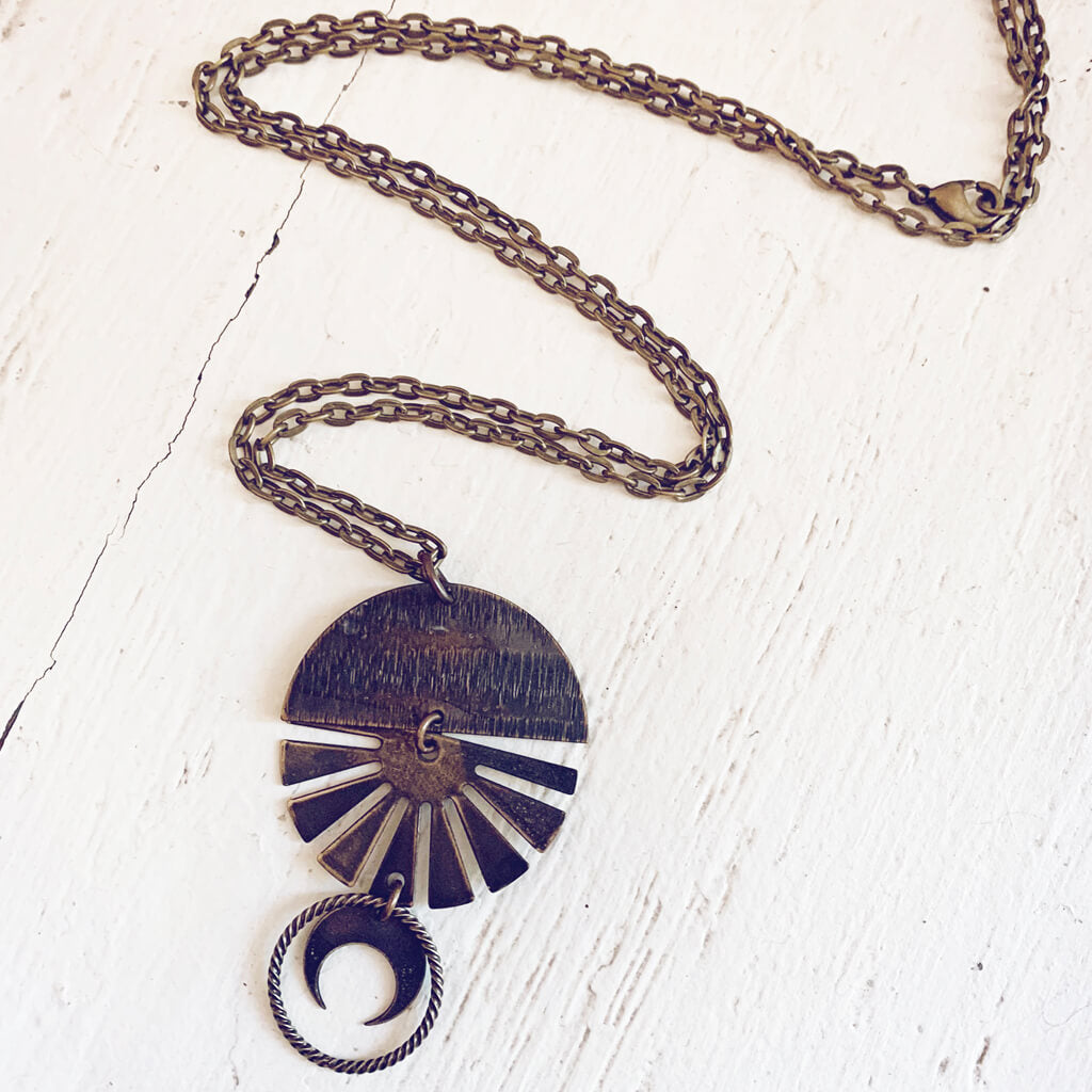 orbis // patina aged darkened sun, moon, sphere & crescent moon necklace