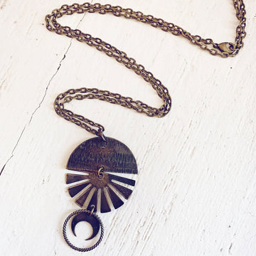 orbis // patina aged darkened sun, moon, sphere & crescent moon necklace