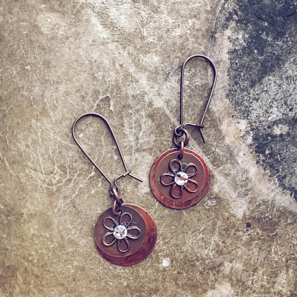petal  flame kissed copper & swarovski flower earrings