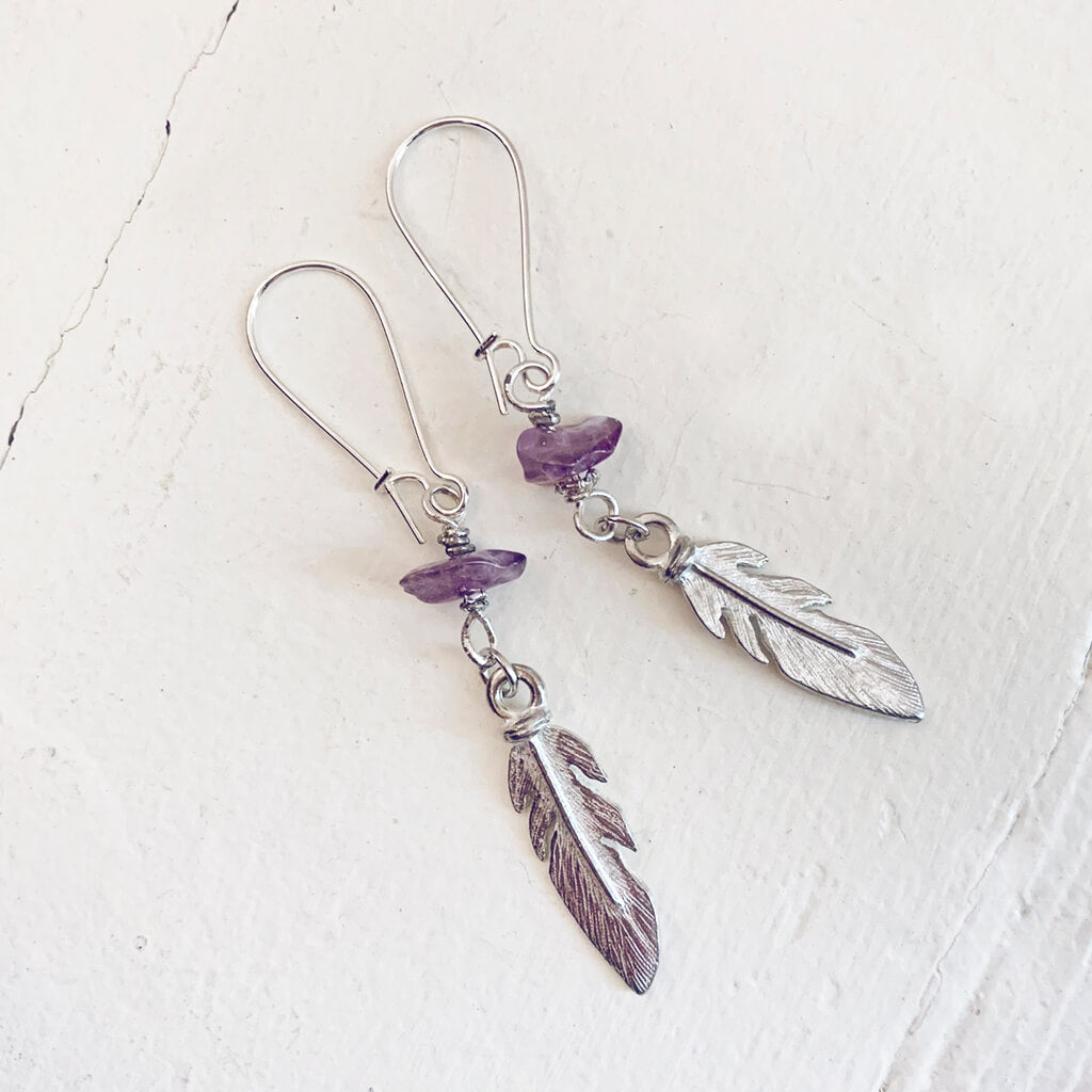 plume boho feather and gemstone earrings