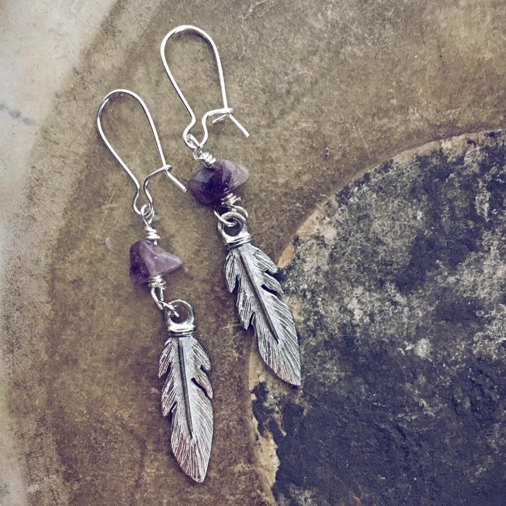 plume boho feather and gemstone earrings