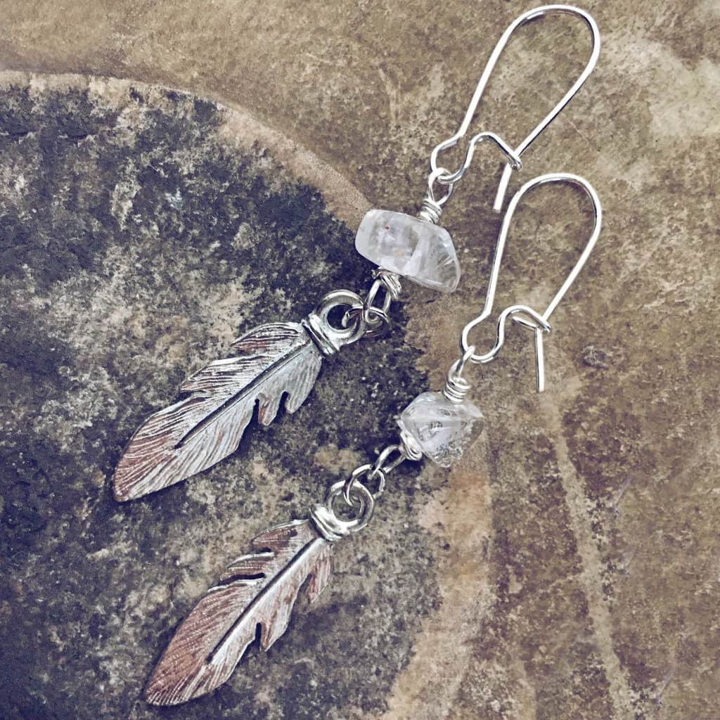 plume boho feather and gemstone earrings