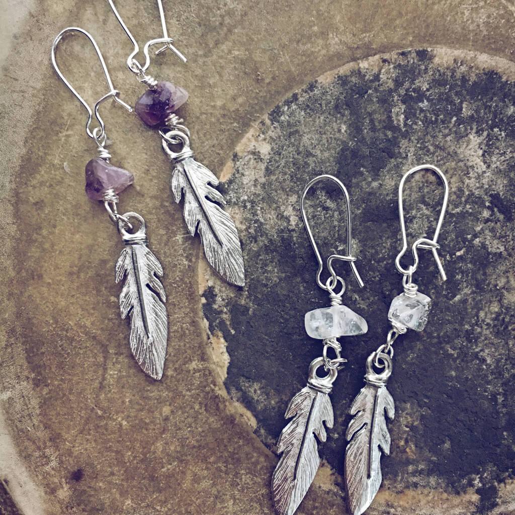 plume boho feather and gemstone earrings
