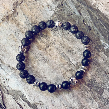 power // men's onyx, hematite and lava bead mala bracelet