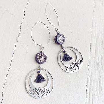 purple aster & lotus // czech glass bead with lotus flower hoop & tiny tassel stainless steel earrings