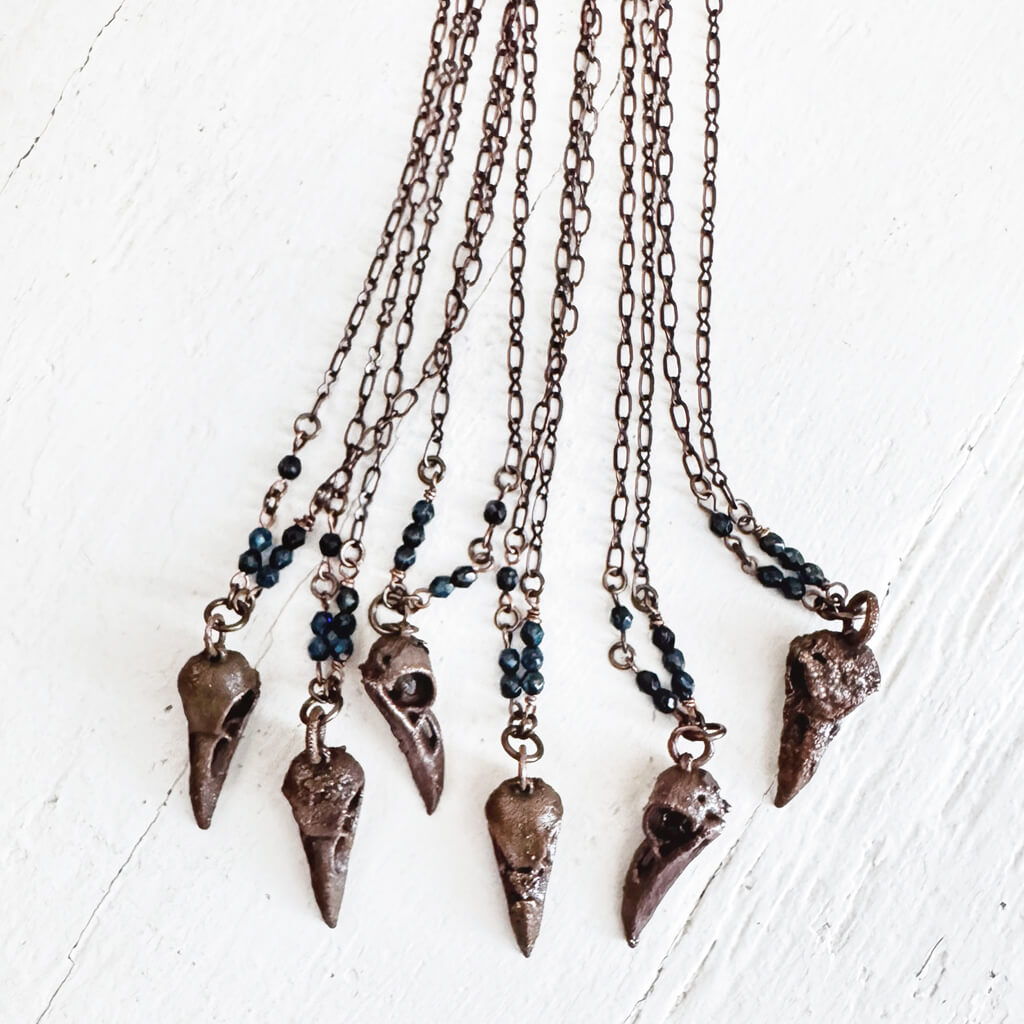 raven skull  copper electroformed 3-d printed pendant necklace