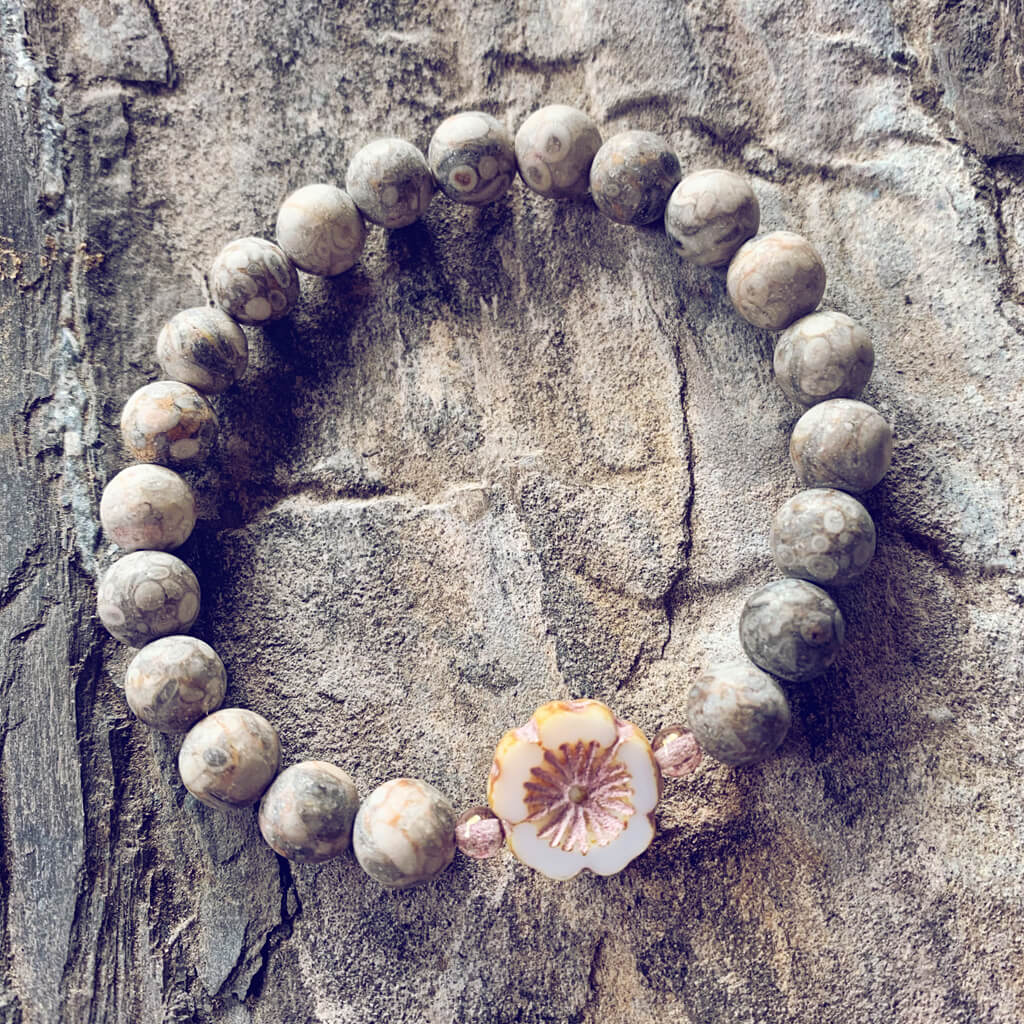 serenity // fossil jasper with light pink hibiscus flower bead mala bracelet