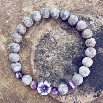 serenity // fossil jasper with purple & white hibiscus flower bead mala bracelet