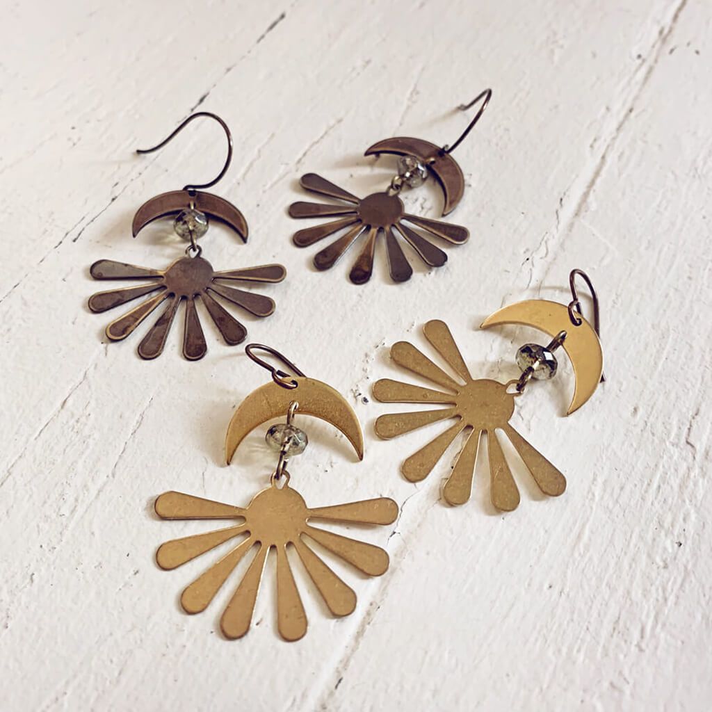 solstice // boho brass sun and crescent moon earrings