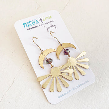 solstice // boho brass sun and crescent moon earrings