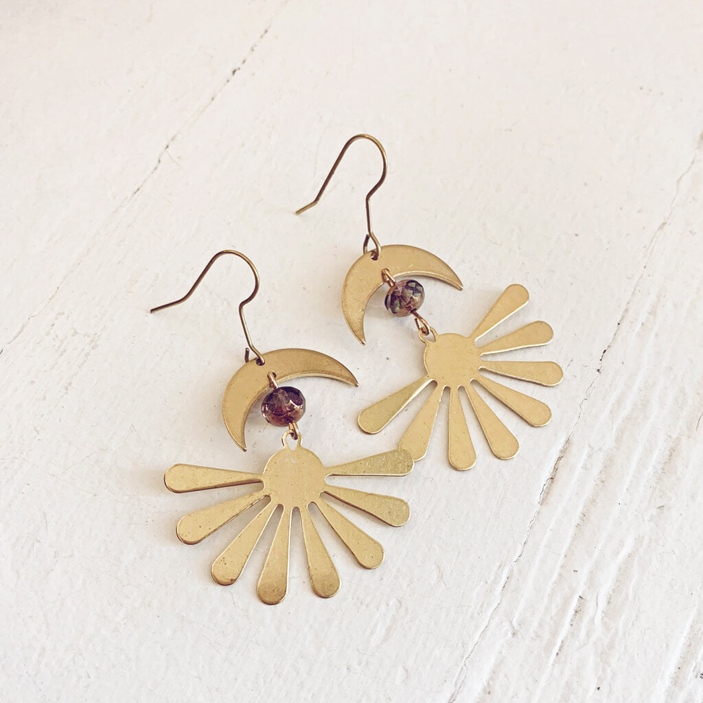 solstice // boho brass sun and crescent moon earrings