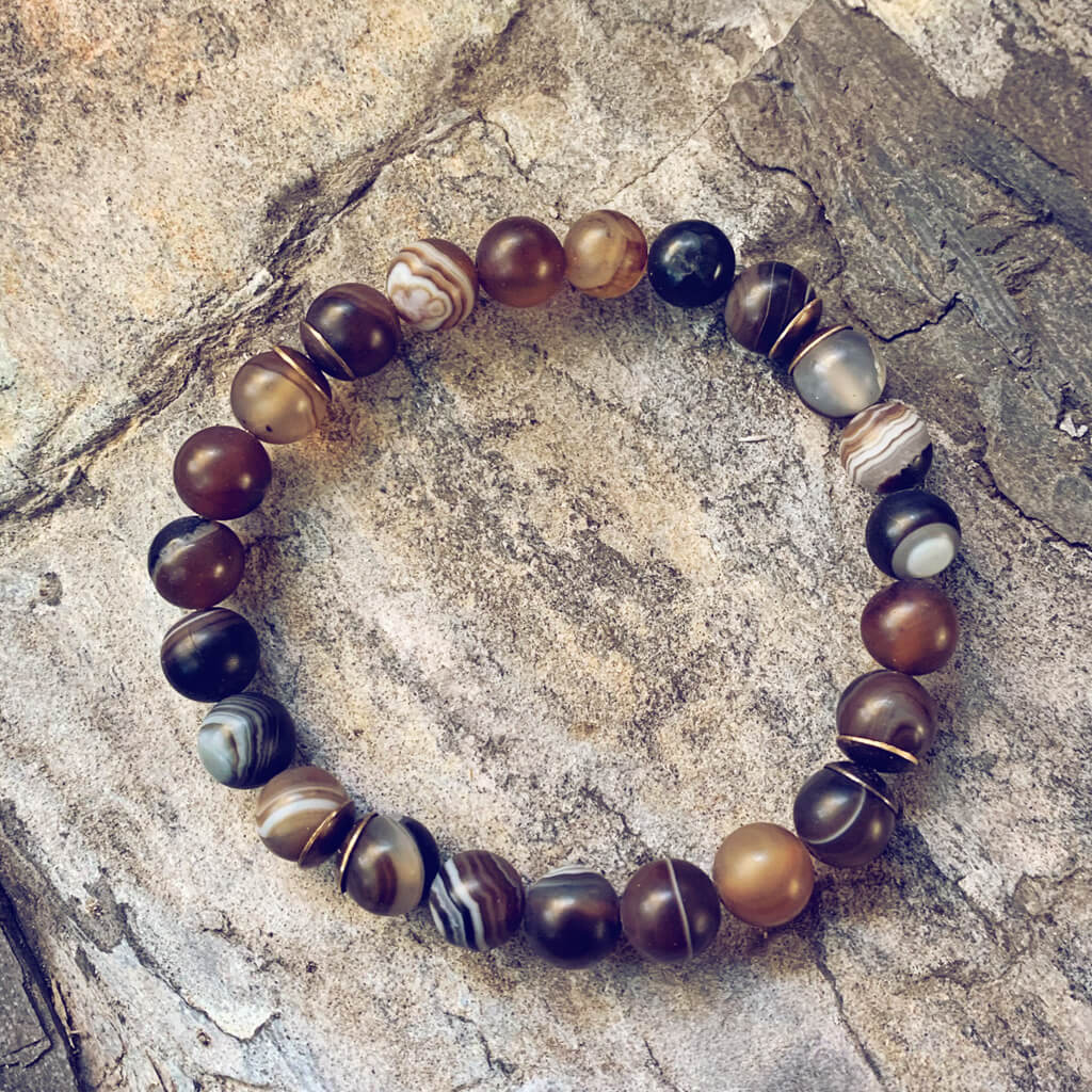 stability  brown line agate and natural brass mala bead bracelet