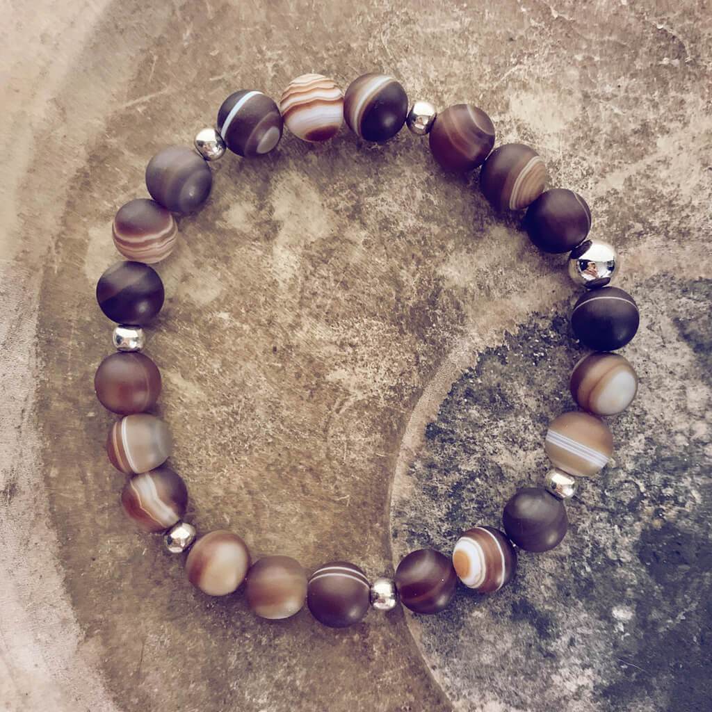 stability  brown line agate and natural brass mala bead bracelet