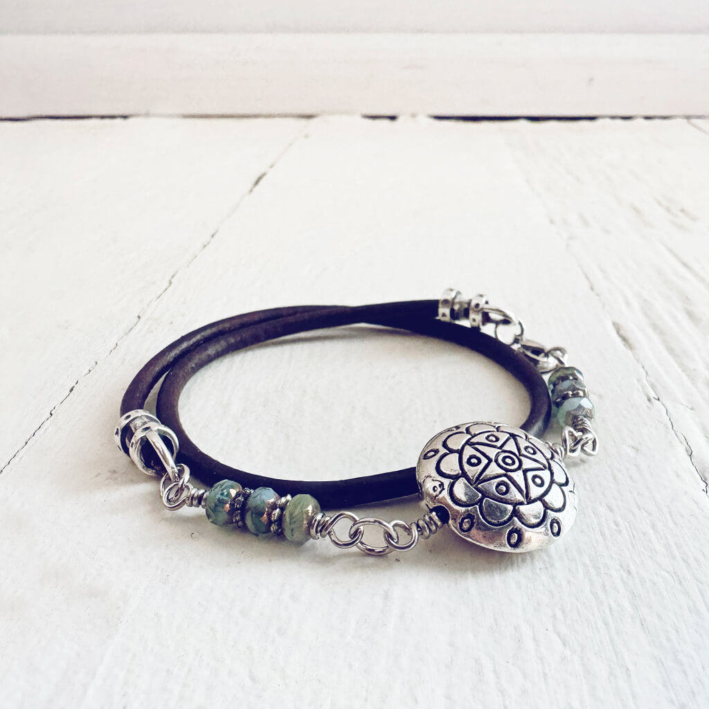 star mandala // silver plated puffed coin & glass bead leather wrap bracelet