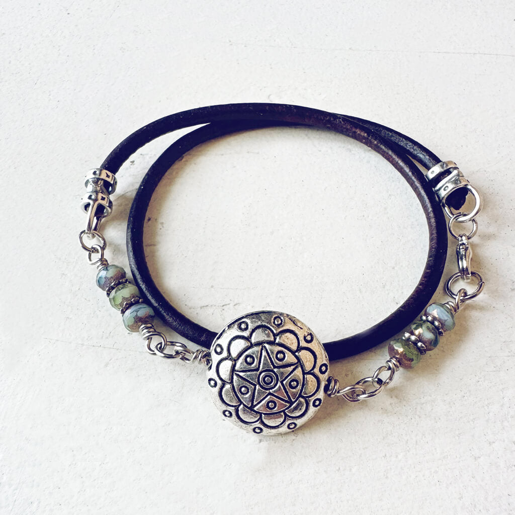 star mandala // silver plated puffed coin & glass bead leather wrap bracelet