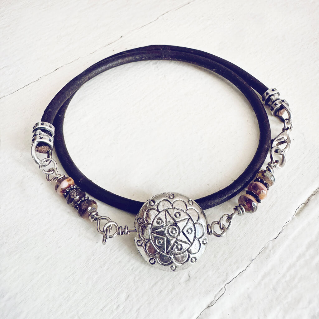 star mandala // silver plated puffed coin & glass bead leather wrap bracelet