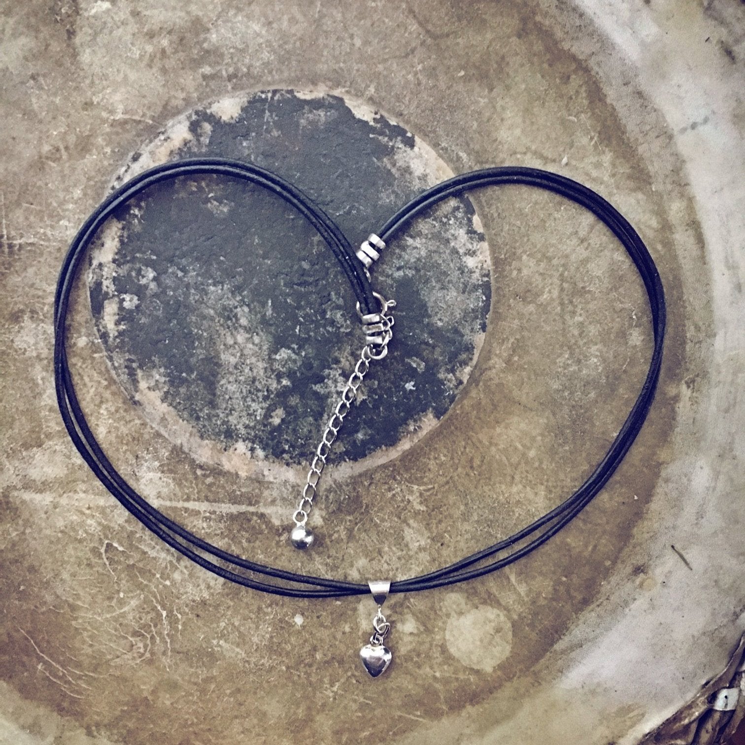 sterling silver puffy heart charm leather choker necklace wrap bracelet