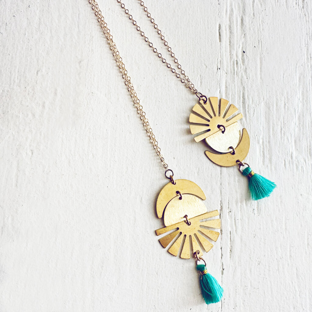 sun up sun down // crescent moon, sun rays & tassel drop necklace