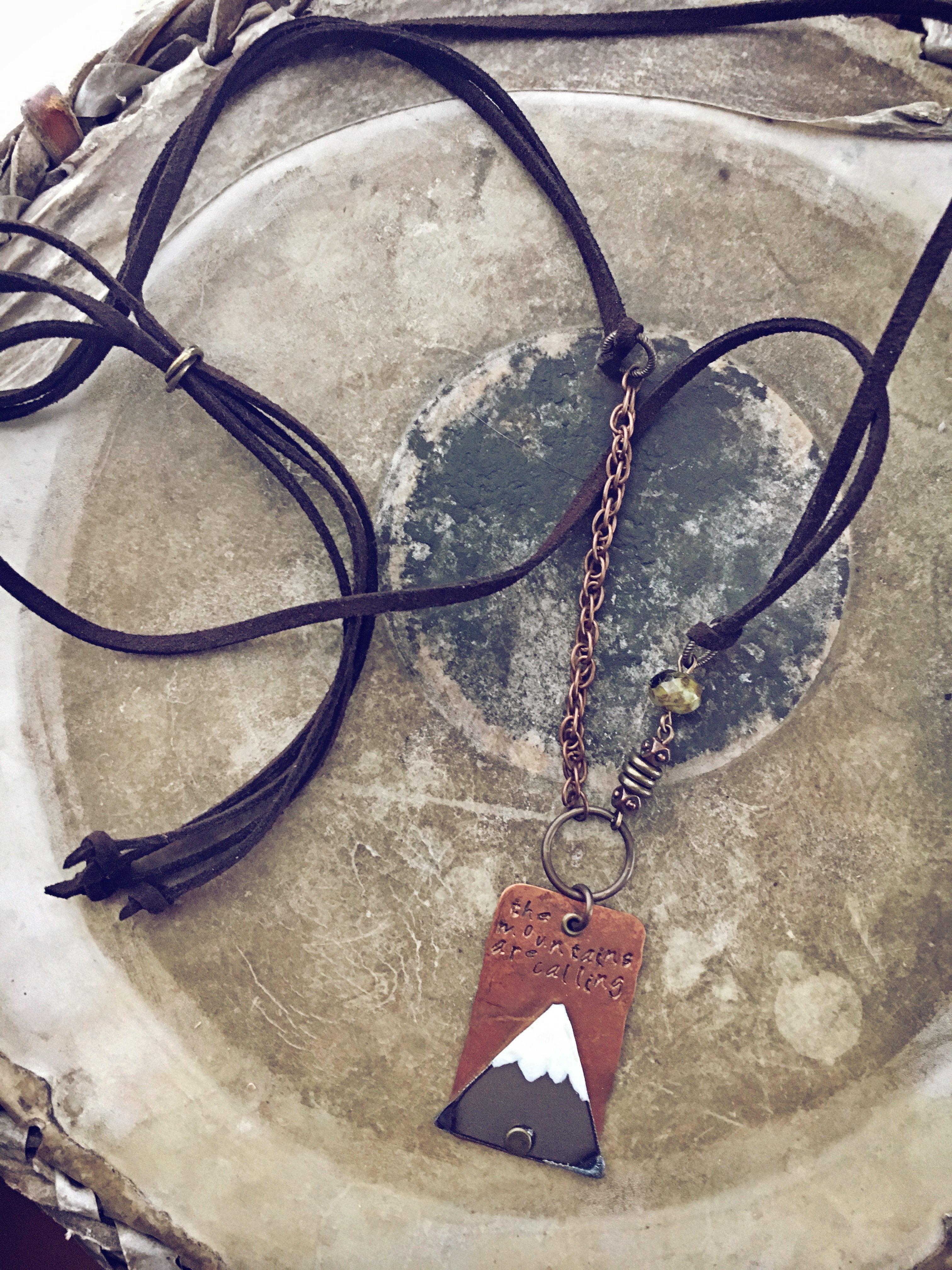 mountains are calling  handstamped copper tag mountain necklace