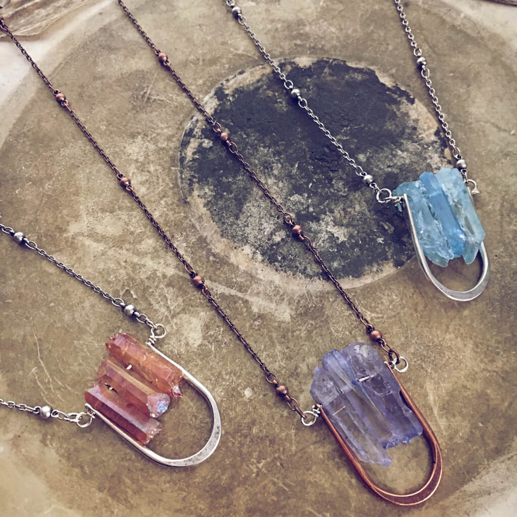 triptych triple quartz spike pendant necklace