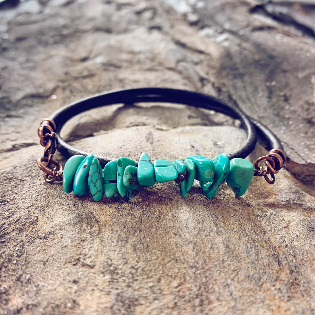 turquoise chip unisex leather wrap bracelet - choker